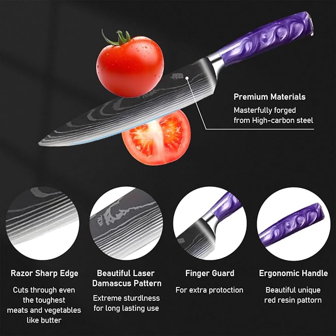 8-Piece Premium Japanese Kitchen Knife Set - Imperial Collection, Laser Damascus Pattern, 440A Stainless Steel Ultra Sharp for Fast Cutting (Purple 8J)
