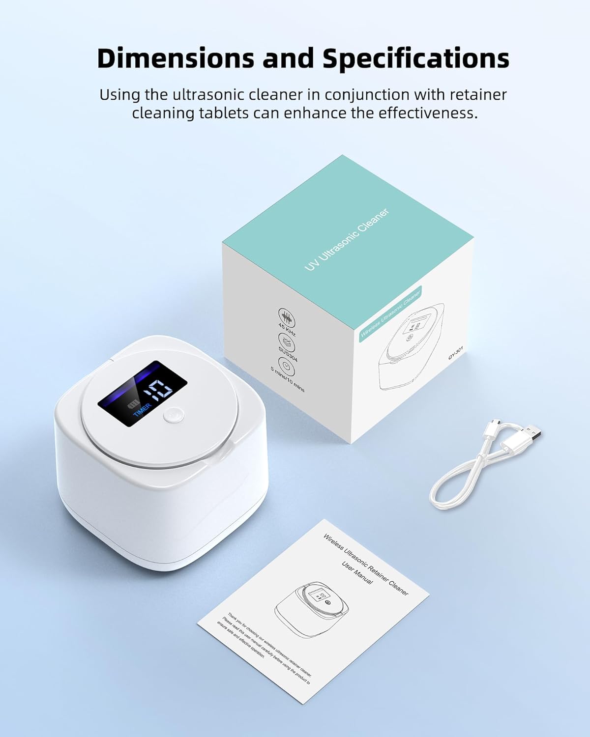 Ultrasonic Retainer Cleaner, Cordless Retainer Cleaner Machine for Dentures, Mouth Guard, Aligner, Night Guard, 45KHz 180ML Portable Dental Machine Pod for Home, Travel