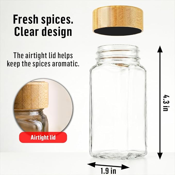 Deco haus Glass Spice Jars with White Label and Bamboo Lid 24x4oz [LABELS incl] Spice Containers with Labels, Shaker Lids & Funnel - Empty Herb Seasoning Containers, Small Seasoning Bottles for Her