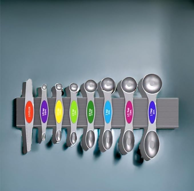 Magnetic Measuring Spoons Set with Strong N45 Magnets, Heavy Duty Stainless Steel Metal, Fits in Most Kitchen Spice Jars for Baking & Cooking, BPA Free, Multicolor