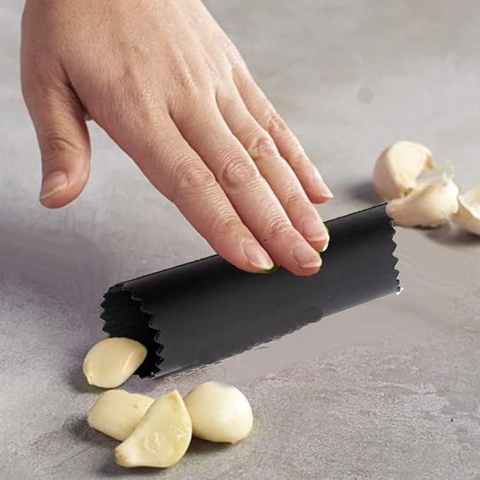 Angel's Peel Lounge Stainless Steel Garlic Press Rocker Set with Silicone Garlic Peeler & Cleaning Brush – Garlic Chopper, Mincer, Grater, Crusher – Easy for Crushed Cloves – Rust-Resistant, Black