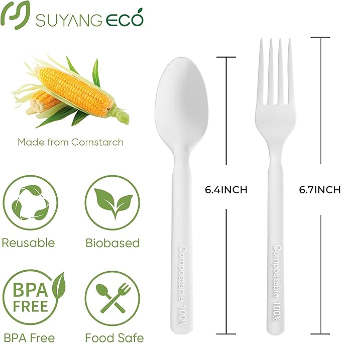 Compostable Forks and Spoons Bulk 300 Count Disposable Compostable Cutlery 100% No Plastic Silverware Heavy Duty Forks Spoons Biodegradable Utensils