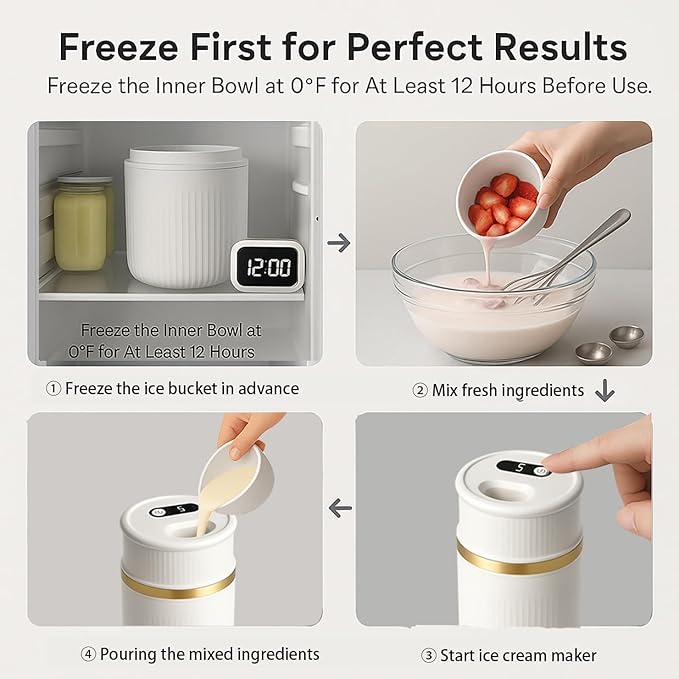 USB-C Rechargeable Portable Ice Cream Maker 0.4 Qt,Cordless Gelato, Sorbet & Frozen Yogurt Machine, Mini Homemade Dessert Maker for Couples, Dorm Kitchens & RVs, Gift-Ready in 15–30 Minutes(Gold)