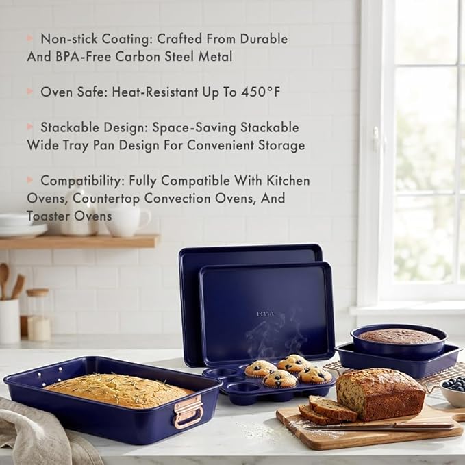 Stackable Nonstick Bakeware Set, 8 Piece Baking Pan Set, Oven Safe Carbon Steel, Includes Cookie Sheet, Muffin Pan, Loaf Pan & Roaster