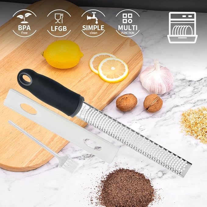 Lemon Zester Grater with Handle, Multi-use Kitchen Tool for Zesting Fruits, Grating Vegetables, Cheese, and Spices, with Protective Cover & Cleaning Brush