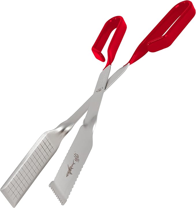Shark BBQ Grill Tongs for Steaks - 2-Pack Gift Set - 17" & 13" Professional Kitchen and Outdoor Grilling Utensil Set (Red)