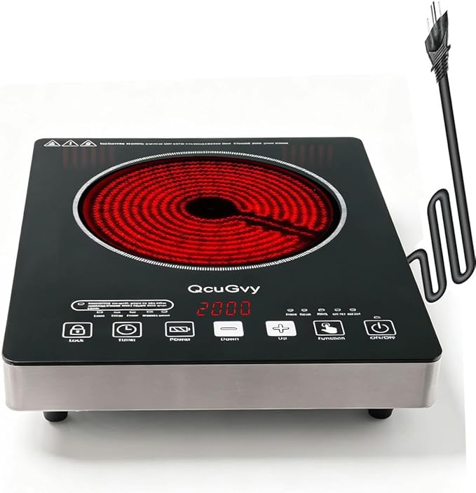 Portable Infrared Burner 2000W Electric Burner with 3 Hours Timer-Electric Hot Plate Touch Control Panel Adjustable Heating Power Glass Plate Electric Cooktop for Cooking (Black 2)