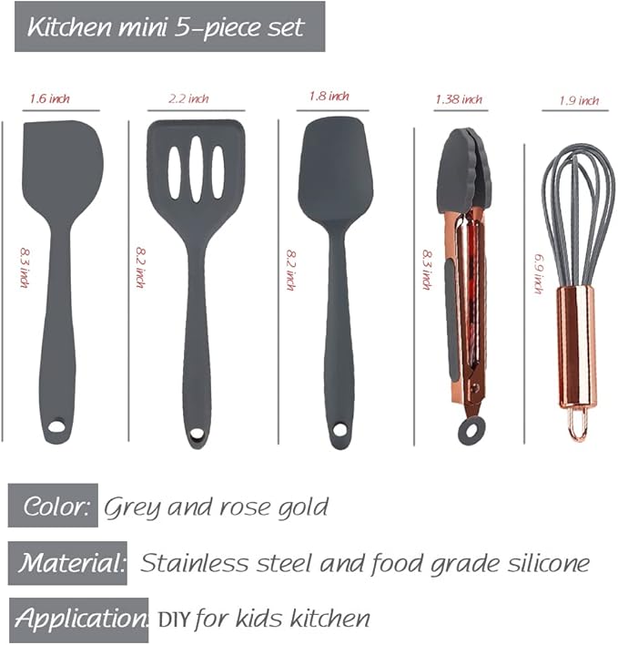 Collfa Rose Gold And Grey Mini Kitchen Utensil Small Five-Piece Set Tiny Silicone Kids Kitchen Tools Whisk Spatula Tongs Spoon And Slotted Spatula For Cooking(Kids Baking Supplies) Grey