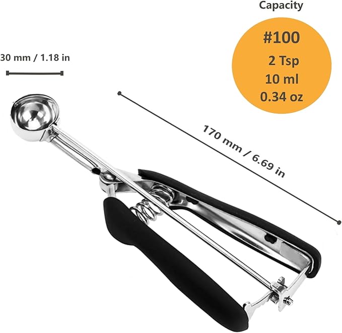 Cookie Scoop, Mini Cookie Scoops for Baking, 2 Tsp/ 10 ml/ 0.34 oz Cookie Scooper for Baking,18/8 Stainless Steel Cookie Dough Scoop with Non-slip Grip (30mm)
