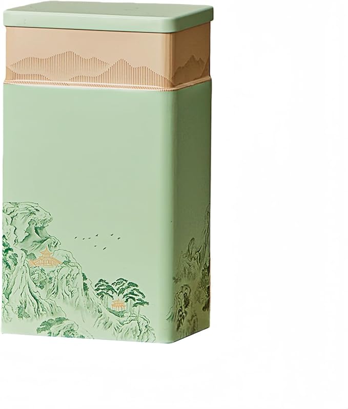 HAN SHENG Tea Canister, Airtight Storage Tin for Loose Leaf Tea & Bags, 8-Inch Decorative Metal Container with Oriental Mountain Design, Green