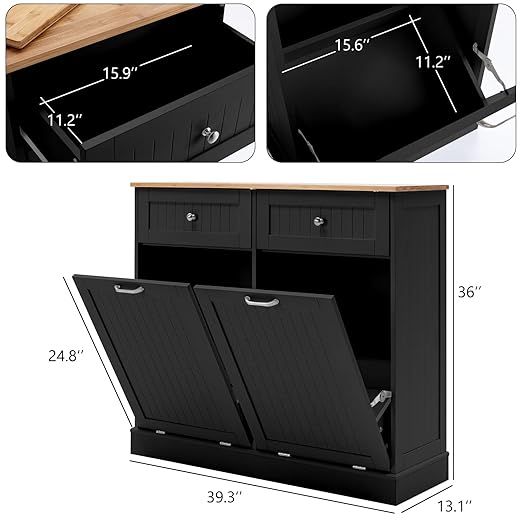 Gitua Double Tilt Out Trash Cabinet 20 Gallon, Freestanding Wooden Kitchen Trash Recycling Cabinet with Drawer & Removable Cutting Board, Dog Proof Trash Can Cabinet, Black