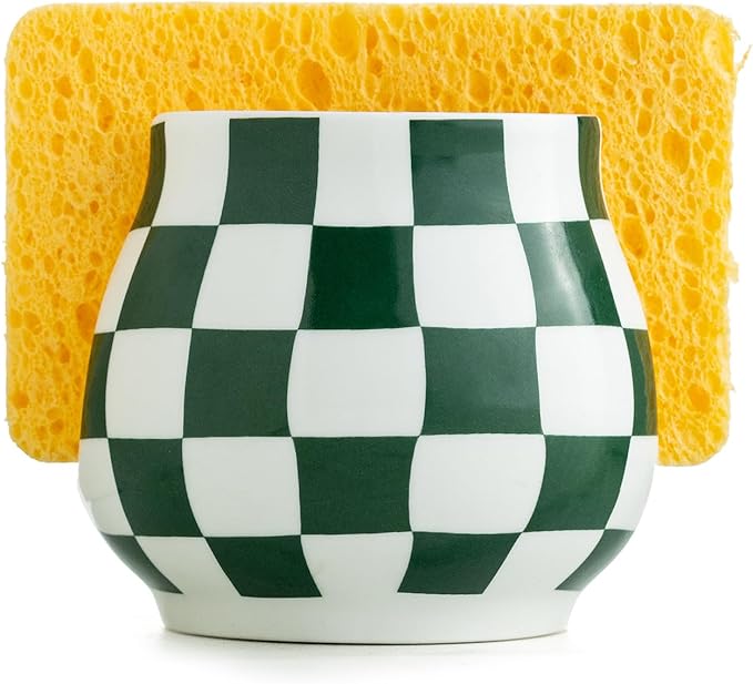 Kitchen Sponge Holder, Ceramic Sponge Organizer Checkered Scrubby Holder Sink Caddy Scrub Dish Rack for Kitchen, Bathroom, Sink, Christmas Decor, Green and White