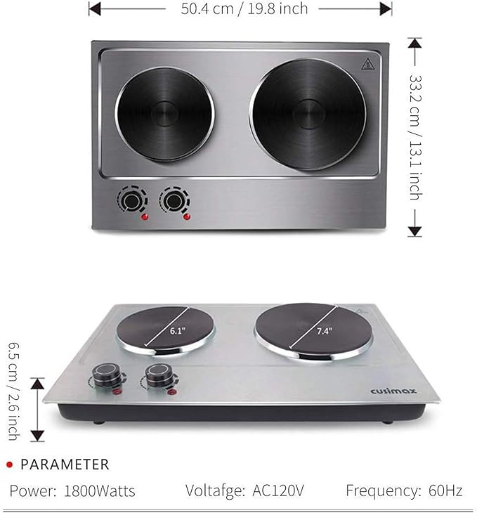 CUSIMAX 1800W Double Hot Plate, Stainless Steel Silver Countertop Burner Portable Electric Double Burners Electric Cast Iron Hot Plates Cooktop, Easy to Clean, Upgraded Version C180N