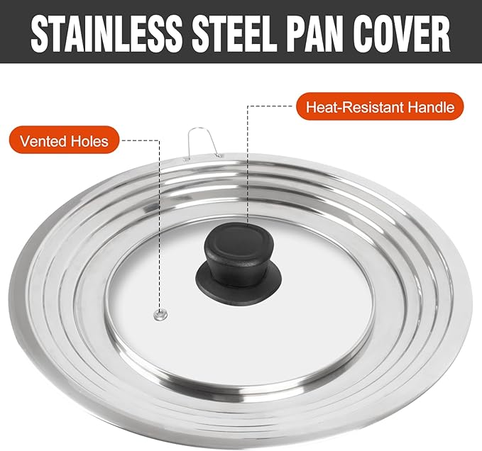 Universal Lid for Pots and Pans Skillets,Pot Lid fit 8.2, 9, 10, 11, 12 and 12.5 Inch Cookware, Large Replacement Frying Pan Cover, Stainless Steel Cast Iron Skillet Lids with Heat Resistant Knob