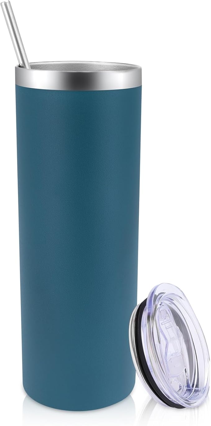 Volhoply 20 oz Skinny Tumbler with Lid and Straw, Stainless Steel Straight Tumblers Cup, Vacuum Insulated Coffee Mug for Home, Office, Travel, DIY (Dark Green,1 Pack)