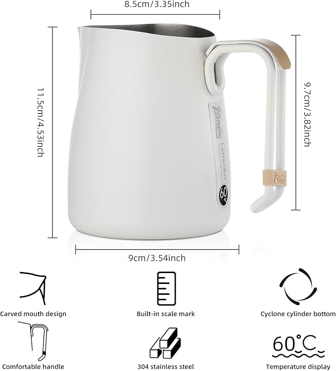 Bincoo Milk Frothing Pitcher with Latte Art Pen Espresso Milk Frothing Pitcher Stainless Steel 20oz/600ML Coffee Milk Frother Cup with Measurement Lines,Ergonomic Handle for Latte Art & Cappuccino