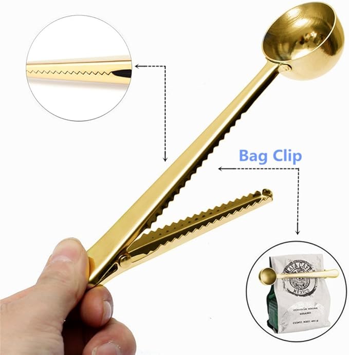 Coffee Scoop, Stainless Steel Golden Multi Function Coffee Measuring Spoon，Great Measuring Coffee, Tea，Protein Powder, Instant Drinks More - Perfect Coffee Spoon Bag Clip