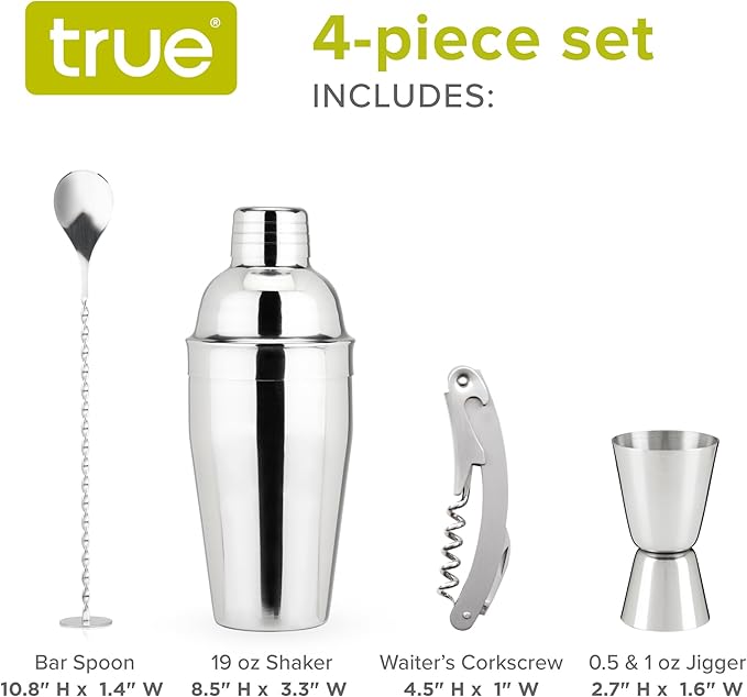 True Bar Drink Mixer Set, 19oz 4-piece Cocktail Shaker Set Bartender Kit, Cocktail Mixer Set, Cocktail Shaker Kit, Barware Tool Sets, Bar Accessories, Silver