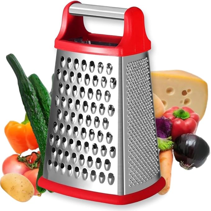 Stainless Steel 4 Sides Grater Slicer with Handle, Multifunctional Cutter Planing for Ginger, Garlic, Cucumbers, Carrots, Cheese, Potato, Ergonomic Design Kitchen Gadgets Accessories（Red）