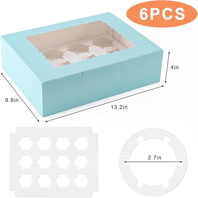 Hoewina 6PCS Cupcake Boxes - Hold 12 Count Cupcake Containers with Window, Food Grade Cupcake Holder Easy Transport and Presentation - Ideal for Cupcakes, Desserts, and More (Baby Blue)