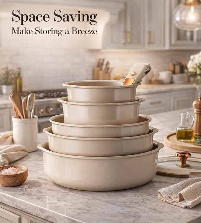 CAROTE 18Pcs Ceramic Cookware Set with Detachable Handle, Pots and Pans Set Non Stick, Non Toxic Cookware Set Removable Handles, Induction Kitchen Cookware Sets, Dishwasher/Oven Safe