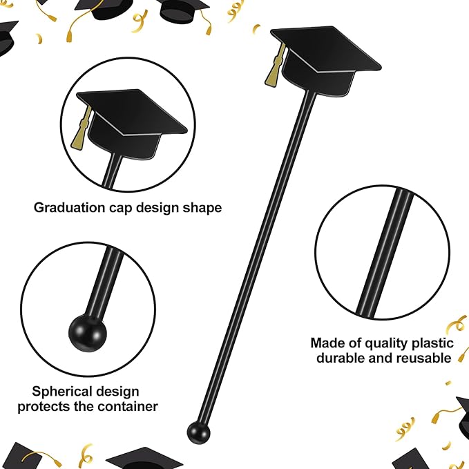 SiliFine 30 Pcs Graduation Cap Drink Stirrers Graduation Stir Sticks Coffee Stirrers Cocktail Mixers Plastic Swizzle Sticks Hot Cocoa Bar Supplies for Party Bar Coffee Tea Favors (Gold)