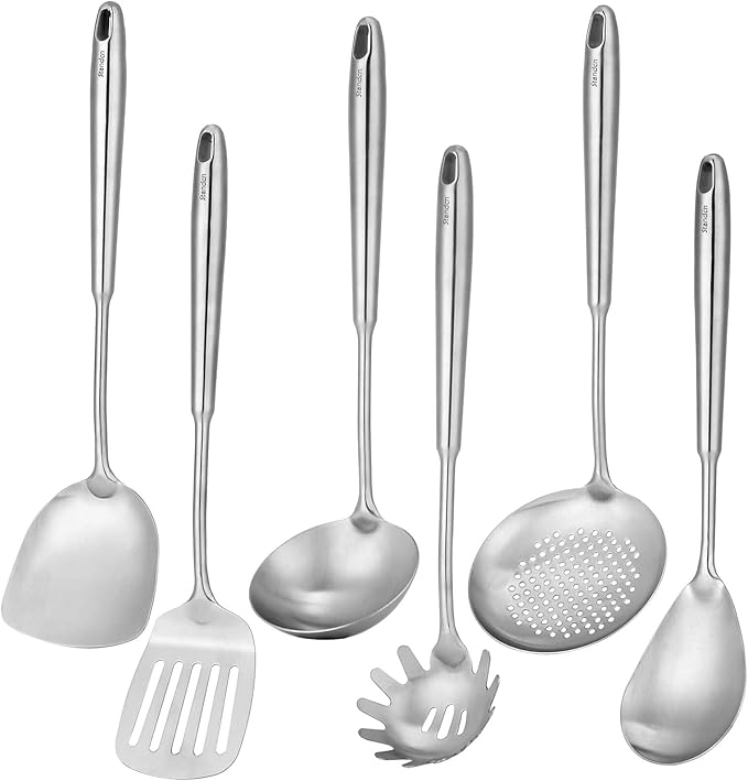 18/10 Stainless Steel Kitchen Utensils Set, 6 PCS All Metal Professional Cooking Utensils, 15" Long Kitchen Tools - Spatula, Ladle, Skimmer Spoon, Pasta Serve, Large Spoon, Slotted Spatula Tunner