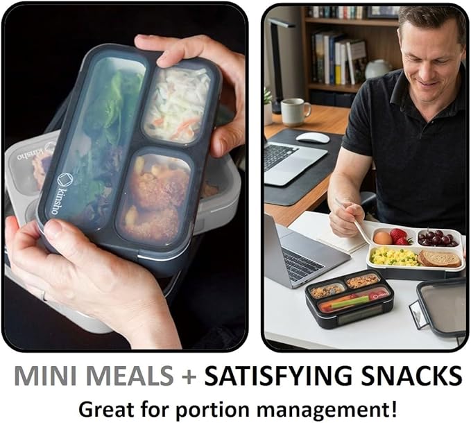 Small Snack Containers for Kids Teens - 3 Compartments (Set of 2) - Leak-Proof Boxes with Lids -BPA-Free Plastic Mini Bento Lunch Box - Ideal for School, Boys & Girls, Holds 2 Cups (Black + Gray)