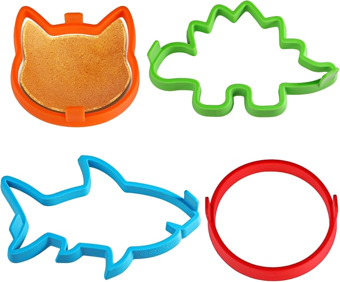 Kamehame Silicone Pancake Molds for Shark, Round, Cat, Dinosaur Shape Pancakes, 4 Pack Nonstick Pancake Shaper for kids, Fun Shapes Cake Ring Mold for Griddle Cooking