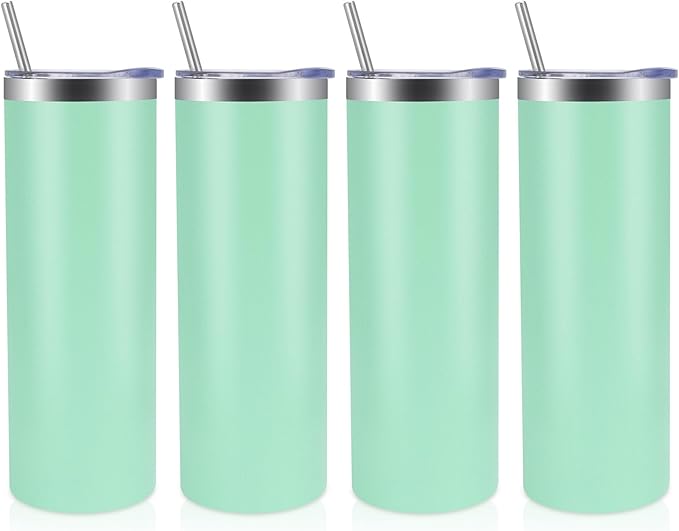 Volhoply 4 Pack Skinny Tumblers with Lid and Straw, 20oz Stainless Steel Straight Tumbler Bulk, Vacuum Insulated Coffee Mug for Home, Office, Travel, DIY (Mint,4 Pack)