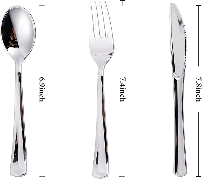 N9R 500PCS Silver Plastic Cutlery Set - 200 Forks, 150 Knives, 150 Spoons - Disposable, Premium, Sturdy - Silver, Plastic - Perfect for Gathering, Weddings, Parties