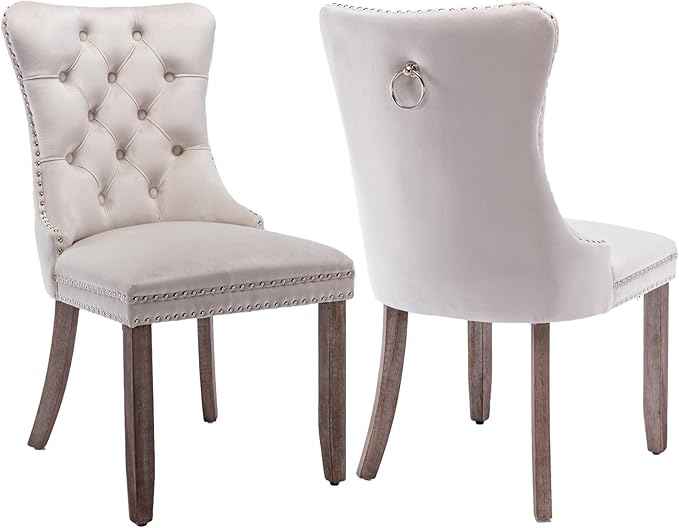Beige Velvet Dining Chairs Set of 2, Upholstered Dining Room Chairs with Back Ring Pull Trim and Solid Wood Legs, Tufted Wingback Kitchen Chairs for Dining Room,Living Room,Kitchen(Beige)
