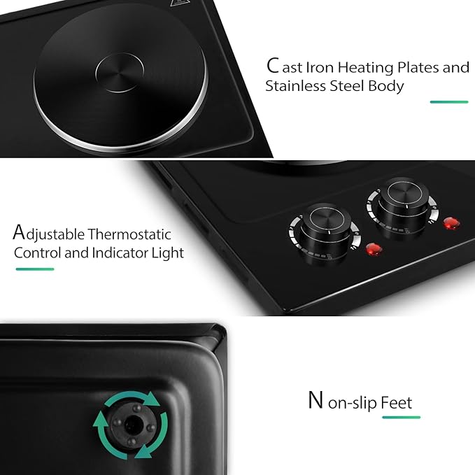 CUSIMAX Hot Plate, 1800W Electric Burner Double Hot Plate for Cooking Countertop Burner with Adjustable Temperature Control, Portable Electric Cast Iron Hot Plates Cooktop, Easy to Clean, Black