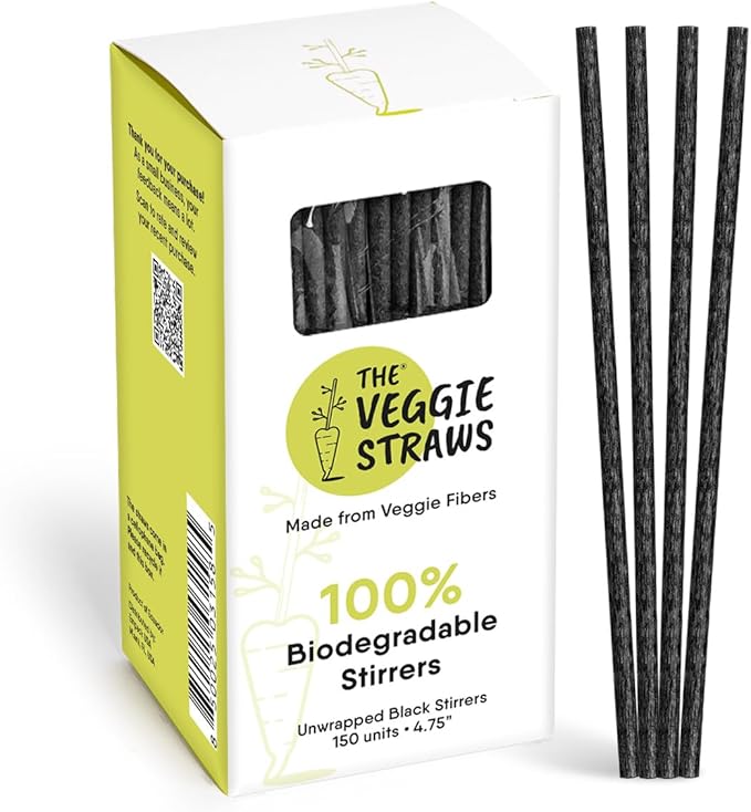 The Veggie Straws – 150 PCS of 4.75 Inches Unwrapped Black Biodegradable Drink Stirrers – Made of Vegetable Fibers, Best Cocktail Stirrers for Drinks of All Kinds
