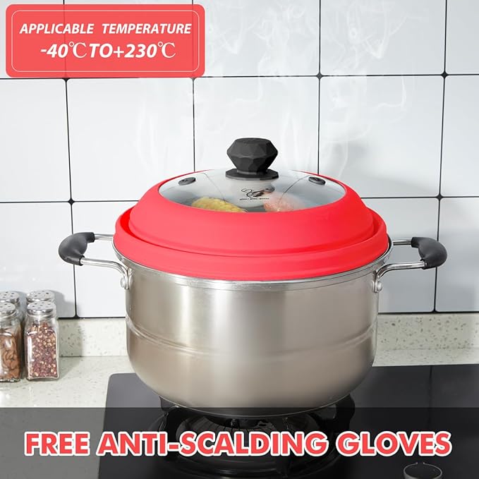 Microwave Splatter Cover Vented Glass Splatter Guard Lid with Collapsible Silicone for Food as Pot Cover 11.8 inch Large Plate for 6 7 8 9 10 11 inch Plate Bowl Red