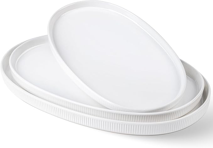 theterra Ceramic Serving Platter, 15.6"/14.4"/12.2" Oval Serving Dishes for Entertaining, Oven Safe, Microwave Safe, Serving Plates Set of 3 for Wedding, Party, Turkey, Bright White