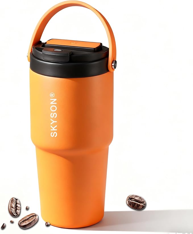 Fast Extraction Mini Electric Espresso Maker - Portable Filter Coffee Brewer for Travel,Insulated Stainless Steel Tumbler,20 oz Reusable Iced Coffee Cup Machine,Hot Coffee Mug with Lid(Orange+Grey)