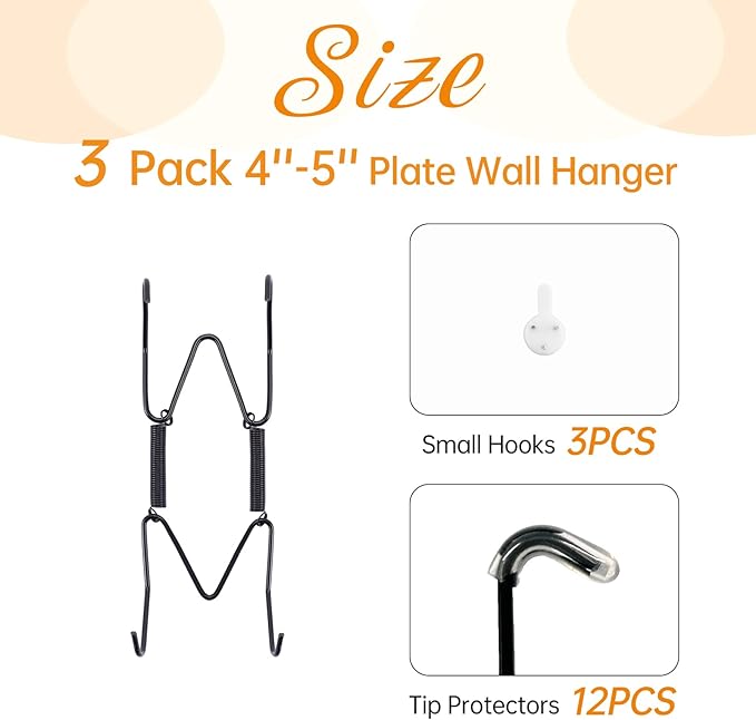 3 Pack Plate Hangers for The Wall, Suitable for 4-5 inch Art Plate, Stainless Steel Invisible Heavy Duty Wire Plate Holder with Wall Hooks, Plate Hangers for Displaying Plates, Platter, Dish, Black