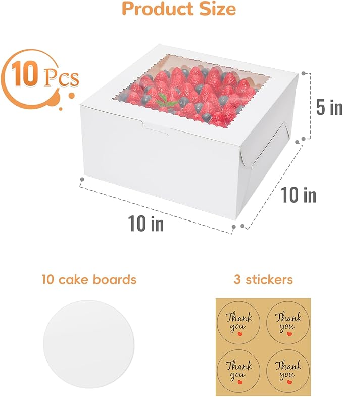 White Cake Boxes 10 Inch with Window, 10 Set Bakery Boxes with Cake Boards & Stickers, Cupcake Box for Birthday, Party, Wedding, Mother's Day, Valentine's Day, Christmas（10x10x5 inch）