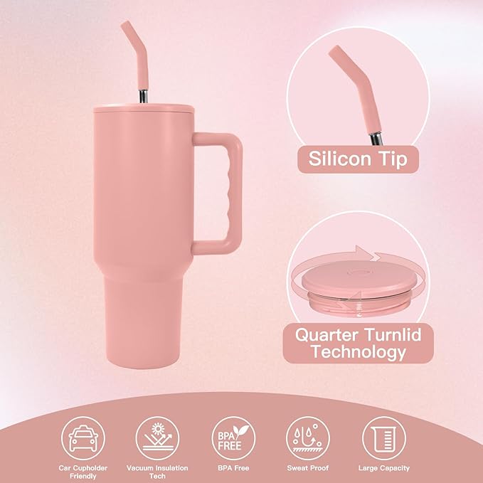 AGH 40 oz Sublimation Tumbler with Handle 4-Pack Stainless Steel Insulated Tumblers Blanks Water Bottle Travel Cups Matte Pink