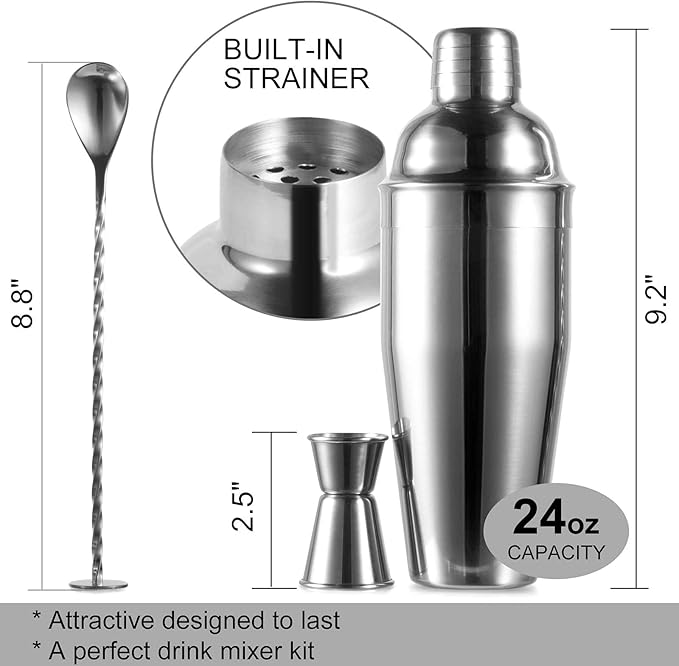 WPHUAW 24oz Cocktail Shaker Bar Set-Professional Margarita Mixer Drink Shaker Professional Stainless Steel Bar Tools Built-in Bartender Strainer for Martini Kit