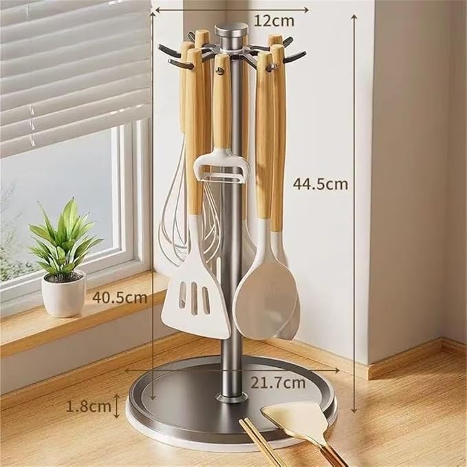 Organizer Rack Rotatable Utensil Holder, With 8 Hooks And 360 Degree Rotation For Kitchen Countertop, Space Saving Organizer For Cooking Tools(Grey)