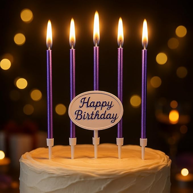by Tugba Aydan - Purple Birthday Candles - 24 Count Long Thin Purple Birthday Candles for Cake, Metallic Cake Candle for Birthday, Party Candles