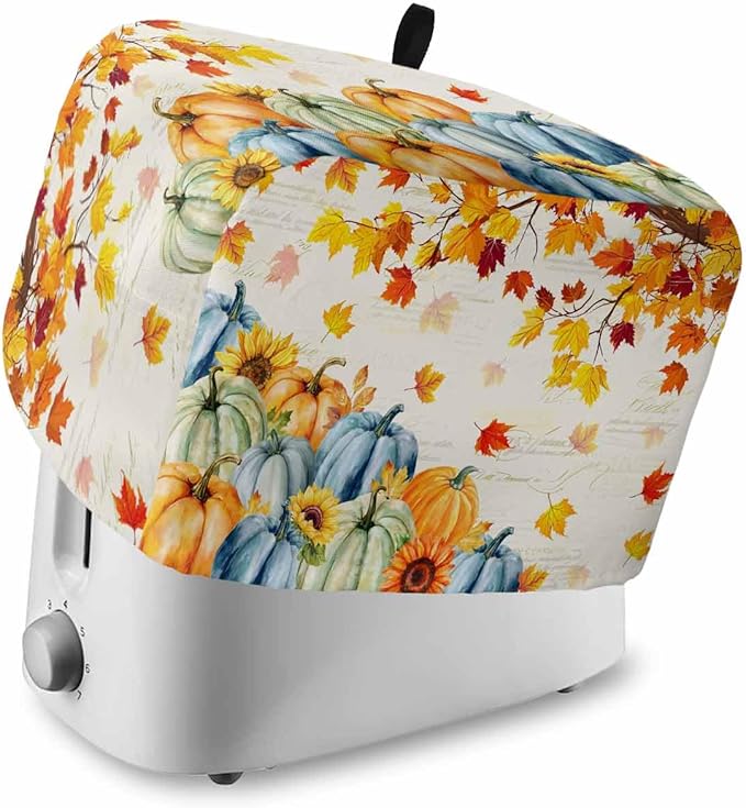 Thanksgiving Fall Toaster Cover 2 Slice, Blue Green Orange Pumpkins Dustproof Bakeware Oven Protector with Top Hook, Maple Leaf Waterproof Small Kitchen Appliance Toasters Dust Cover, 11"x6"x8"