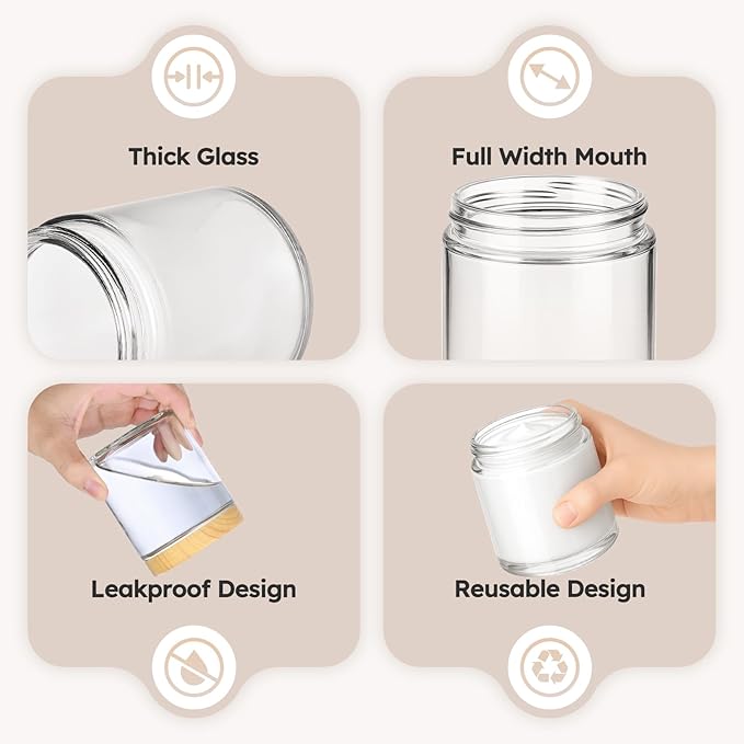 8 oz Glass Jars with Lids, 12 Pack Small Glass Jars with Plastic Woodgrain Lids, Lotion Container Empty Cosmetic Travel Containers for Sample, Cream, Lotion, Honey, Powder