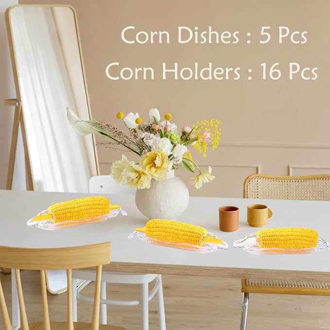 Stainless Steel Corn Holders - 16 Pack with 5 Pack Dish Set, Transparent Corn Trays