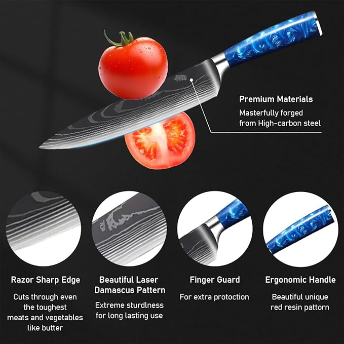 10-Piece Premium Japanese Kitchen Knife Set - Imperial Collection, Laser Damascus Pattern, 440A Stainless Steel Ultra Sharp for Fast Cutting (Blue)