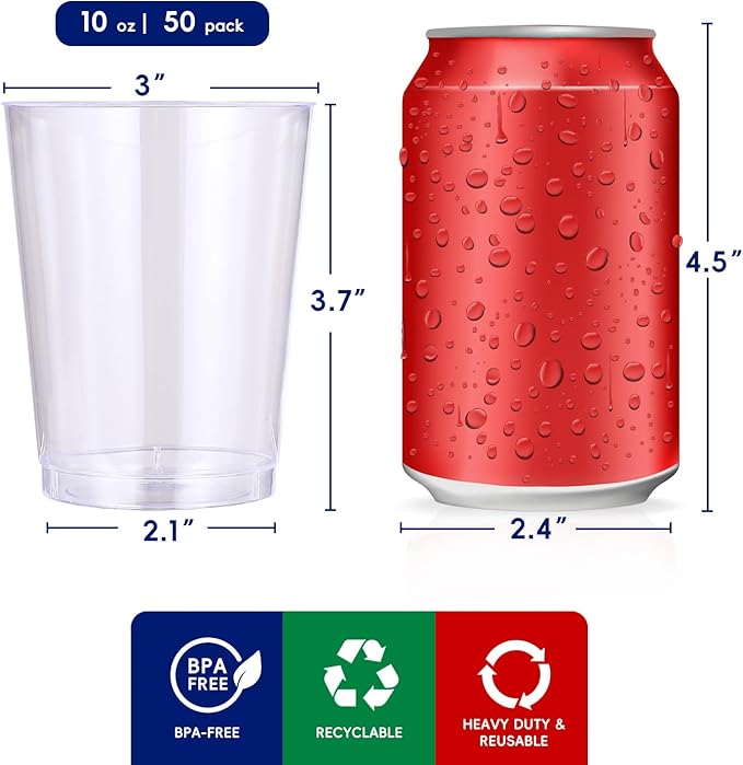 JOLLY CHEF 10 oz Clear Disposable Plastic Cups 50 Pack, Clear Plastic Cups Tumblers, Heavy duty Party Glasses, Disposable Cups for Wedding, Thanksgiving,Halloween,Christmas Party