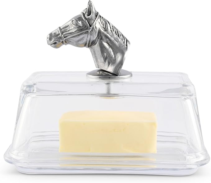 Arthur Court Glass Butter Dish with Lid Horse Head Knob | Classic 2-Piece Design Covered Butter Keeper | Covers and Holds a Standard Stick of Butter | Equestrian Farm Horse Décor