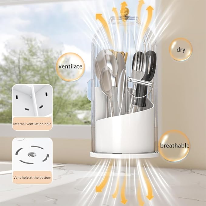 Cutlery holder with cover,Internally rotatable, Plastic Cutlery Storage Organizer for Kitchen Cabinet or Pantry - Basket Organizer for Forks, Knives and Spoons. With cover. White ﻿